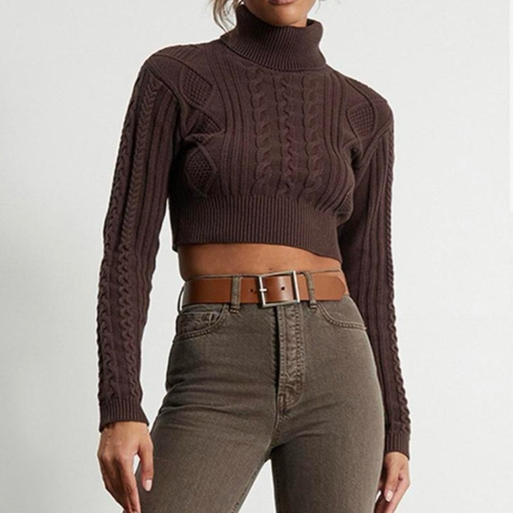 Kendall & Kylie Dark Brown Cropped Turtleneck Sweater